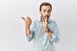 © Krakenimages.com - Middle age hispanic man with beard standing over isolated background asking to be quiet with finger on lips pointing with hand to the side. silence and secret concept.