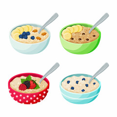 Cartoon bowl with porridge set. Oatmeal and cereal with berries, fruits, chocolate drops and nuts. Healthy breakfast with various toppings. Oat grain porridge. Vector illustration on white background.