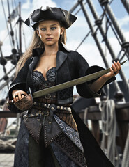 Portrait of a female pirate mercenary standing on the deck of her ship armed and ready for battle. 3d rendering
