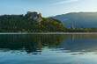 Bled lake view with Bled castle or Blejski grad with church on beautiful lake in Julian Alps, Slovenia
