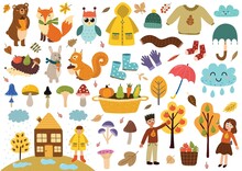 Cute Autumn Elements Collection. Fall Clothes, Animals, Leaves, Mushrooms, Kids And More. Autumn Season Clipart Set. Vector Illustration