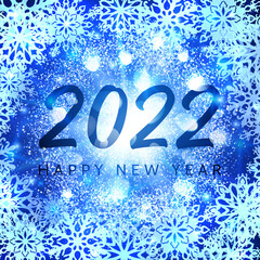 Wall Mural - Happy New Year 2022 banner on blue glittering snowflakes background. Greeting card design. Glowing abstract particles light flash stars for New Year celebration. Holiday decoration vector illustration