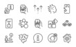 © blankstock - Technology icons set. Included icon as Swipe up, Parcel shipping, Approved document signs. Food app, Smartphone clean, Work home symbols. Delivery app, Puzzle, 5g upload. Recycle. Vector