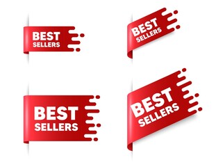 Best sellers text. Red ribbon tag banners set. Special offer price sign. Advertising discounts symbol. Best sellers sticker ribbon badge banner. Red sale label. Vector