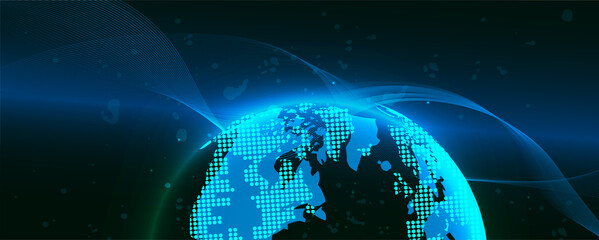 Poster - Big data. Planet Earth from space. Flickering lights of cities. Map of the mainland. Global communications system and the World Wide Web. Technologies and communications. Globalization.