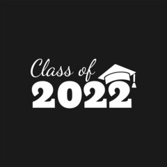 Class of 2022. White number with education academic cap on black background. Vector illustration.