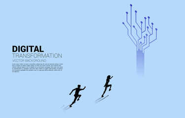 Wall Mural - Silhouette of businessman running to the way with dot connect line circuit. concept of digital transformation of business.