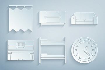 Wall Mural - Set Bunk bed, Sofa, Grand piano, Clock, TV table stand and Curtains icon. Vector