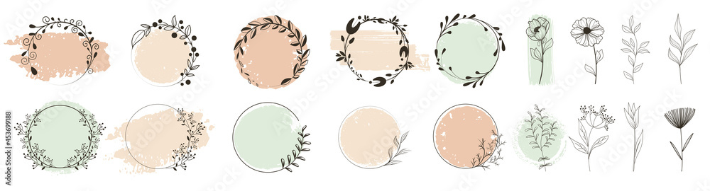 Organic natural bio labels icon set, healthy food badges healthy nutrition isolated stickers. Floral design, frames and labels. Hand drawn laurel leaves decorative elements. Leaves, swirls, ornate - obrazy, fototapety, plakaty 