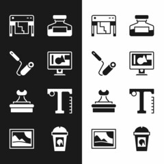 Sticker - Set Computer monitor screen, Paint roller brush, Plotter, Ink bottle, Stamp, Text, Coffee cup go and Picture landscape icon. Vector