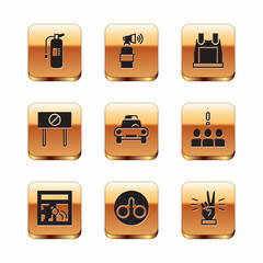 Wall Mural - Set Fire extinguisher, Broken window, Handcuffs, Police car flasher, Protest, Bulletproof vest, showing two finger and Air horn icon. Vector