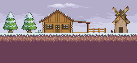 Wall Mural - Pixel art game scene in snow with wood house, mill, pine trees and clouds 8bit background