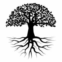 Black tree with roots. White background. Icon for decorative design. Nature art. Vector illustration. Stock image. 
