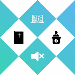 Sticker - Set Holy bible book, Speaker mute, Medical clinical record and Information desk icon. Vector