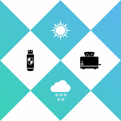 Sticker - Set USB flash drive and shield, Cloud with snow, Sun and Toaster toasts icon. Vector