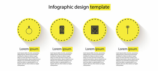 Sticker - Set Diamond engagement ring, Mobile with heart, Photo frames and hearts and Lollipop. Business infographic template. Vector