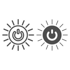 Poster - Round switch on off button with sun rays line and solid icon, energy concept, source of power vector sign on white background, outline style icon for mobile concept and web design. Vector graphics.