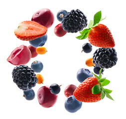 Wall Mural - Many different berries in the form of a frame on a white background