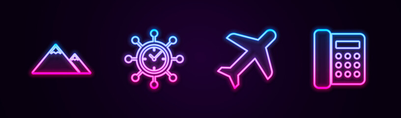 Poster - Set line Mountains, Clock and gear, Plane and Telephone. Glowing neon icon. Vector