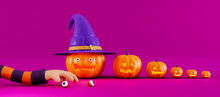 Scary Halloween Pumpkins With Human Eyes And Hands. Creative Banner For Halloween, 3d Render. An Elastic Cartoon Hand Reaches For The Eye, A Horror Concept. Cartoon 3d Illustration For Halloween.