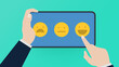 © sichon - Hands holding phone with finger touches screen with rating feedback scale. Service rating, satisfaction concept. Vector illustration. Business concept