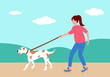 © Orapun - Woman walking dog in the park flat design vector.