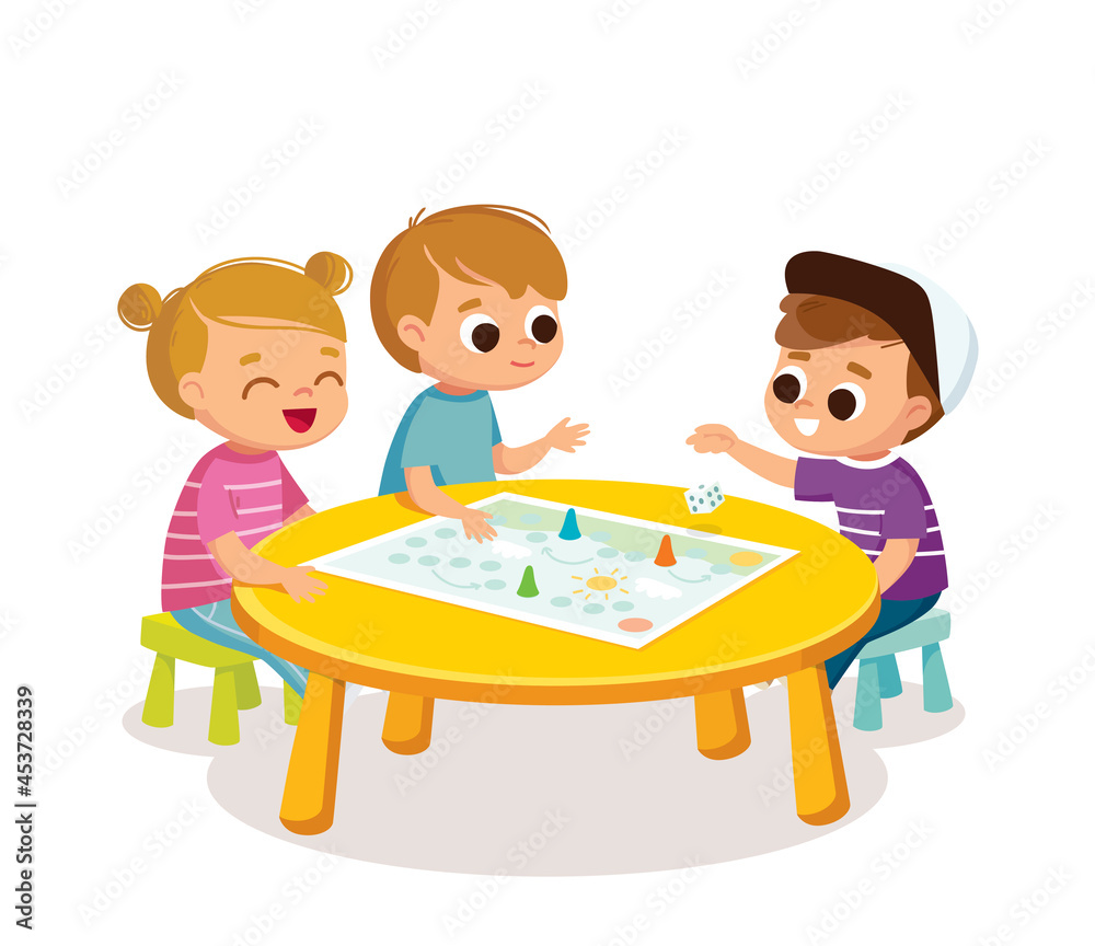 Cheerful children seat by table and play table games together with friends. Kids having fun while playing board game. Spending time playing tabletop games. Vector illustration.