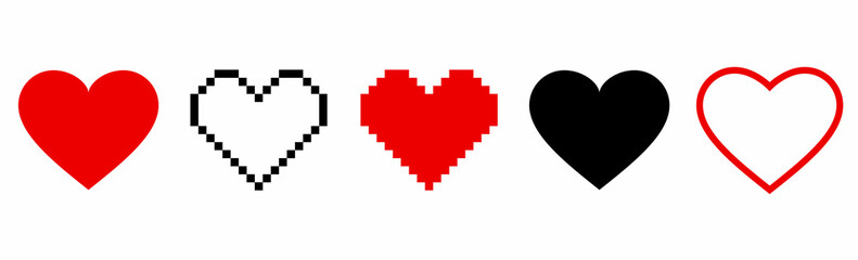 Pixel heart iсon set in retro style. Vintage love symbol, 8 bit vector illustration for computer game. Web button