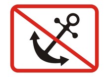 Ban On Mooring Ships, Black Silhouette Of Anchor At Red Oblong Frame, Vector Icon