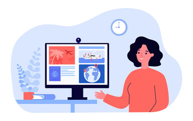 Poster - Travel agent talking about details of tourist trips. Flat vector illustration. Woman pointing to computer screen with images of flights, yacht, foreign passport. Service, vacation, resort concept