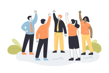 Team of workers standing in circle and rearing fingers up. Flat vector illustration. Business group striving for success, achievement of set goals. Business, teamwork, motivation, management concept