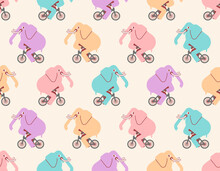 Elephant On Bicycle Pattern Seamless. Animal Is Riding Bicycle Background. Baby Fabric Texture. Cartoon Childrens Ornament