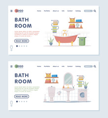 Poster - Landing Page with Bathroom or Washroom Interior Containing Bathtub, Sink and Washing Machine Vector Template