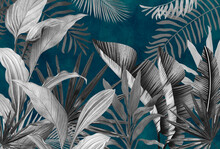 Mural For The Walls. Photo Wallpapers For The Room. Tropical Leaves On A Blue Background In The Grunge Style.