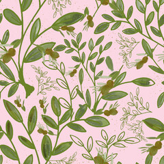 Poster - Hand drawn olive trees vector seamless repeat pattern print background