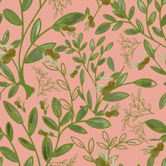 Poster - Hand drawn olive trees vector seamless repeat pattern print background
