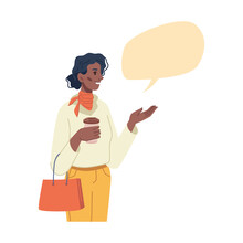 Happy African American Young Woman Holding Cup Of Coffee In Hand, Big Blank Speech Bubble Over Head Isolated Flat Cartoon Character. Vector Information, Thought, Quote And Opinion, Thinking Chat Box