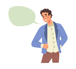 Aufkleber - Happy young smiling man and big blank speech bubble, information, thought, quote and opinion, thinking chat box, communication and dialogue, empty discussion message