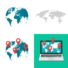 Poster - Large world map shape vector set as globe earth gps location navigation pin pointers and online digital geography on laptop computer screen flat cartoon illustration isolated