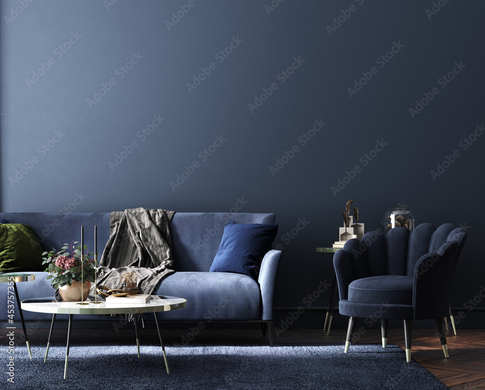 Home interior, luxury modern dark living room interior, blue empty wall mock up, 3d render - obrazy, fototapety, plakaty 