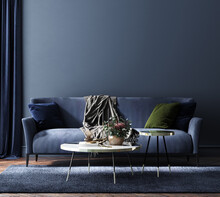 Home Interior, Luxury Modern Dark Living Room Interior, Blue Empty Wall Mock Up, 3d Render