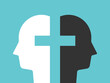 Christian cross between two opposite heads. Forgiveness, communication, difference, contradiction and tolerance concept. Flat design. EPS 8 vector illustration, no transparency, no gradients