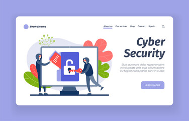 Poster - Cybersecurity from hackers. Digital hacking protection with blocking. Counteraction online criminals in stealing users information. Modern firewall and virtual cloud. Vector landing page flat banner