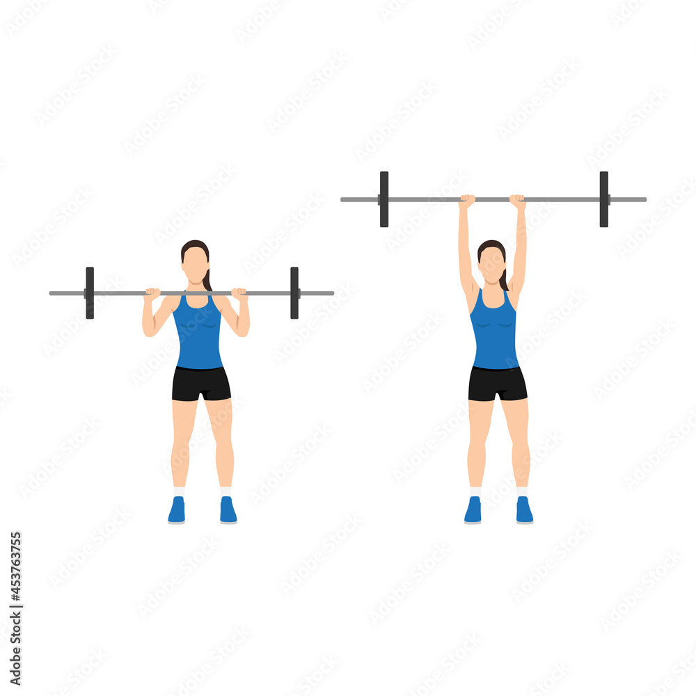 Woman doing Overhead barbell shoulder press exercise. Flat vector ...