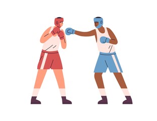 Poster - Boxers fighting. Box fighter punching his opponent with hand in glove. People in helmets and shorts boxing. Match between international athletes. Flat vector illustration isolated on white background