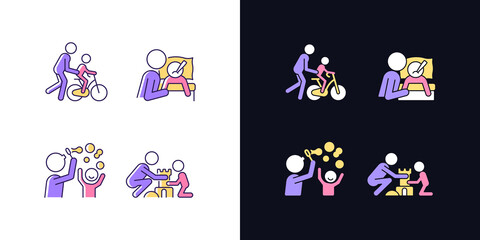 Sticker - Good parenting light and dark theme RGB color icons set. Learning to ride bike. Blow bubbles together. Isolated vector illustrations on white and black space. Simple filled line drawings pack