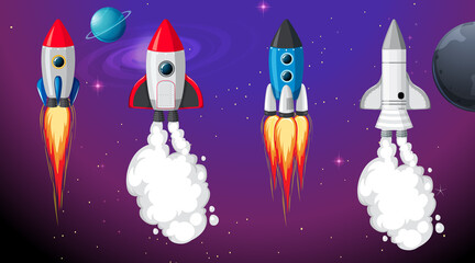 Wall Mural - Set of different rocket and spaceship in space background