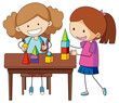 A doodle kid playing toy on the table cartoon character isolated