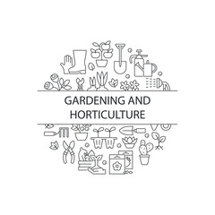 Fototapete - Gardening abstract linear concept layout with headline. Plant care in home yard. Horticulture minimalistic idea. Horticulture. Thin line graphic drawings. Isolated vector contour icons for background