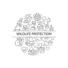Fototapete - Wildlife protection abstract linear concept layout with headline. Animal welfare minimalistic idea. Biodiversity protection. Thin line graphic drawings. Isolated vector contour icons for background
